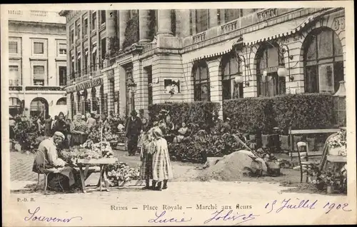 Postkarte Reims-Marne, Place Royale, Blumenmarkt