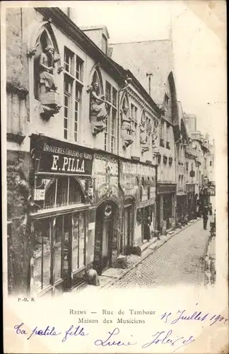 Ak Reims-Marne, Rue du Tambour, Haus der Musiker