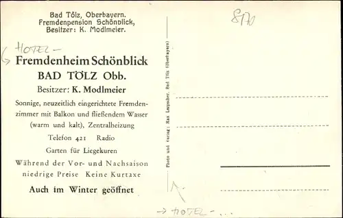 Ak Bad Tölz in Oberbayern, Fremdheim Schönblick