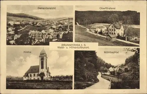 Ak Brunndöbra Klingenthal im Vogtland Sachsen, Kirche, Oberförsterei, Mühlbachtal