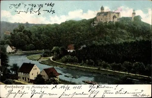 Ak Rochsburg Lunzenau im Muldenthal, Kanalpartie mit Burg auf Berg