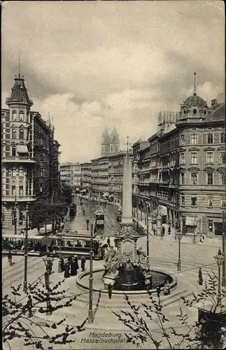 Ak Magdeburg an der Elbe, Hasselbachplatz, Säule, Straßenbahn