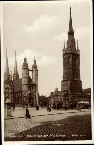 Ak Halle an der Saale, Marktplatz, Marktkirche, Roter Turm