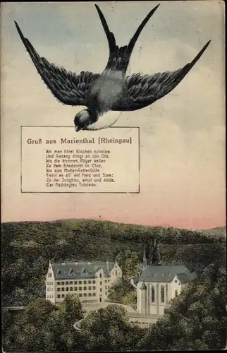 Ak Marienthal Geisenheim am Rhein Hessen, Gnadenort, Kirche, Schwalbe