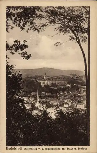 Ak Rudolstadt in Thüringen, Durchblick von der Justinenhöhe, Stadt, Schloss