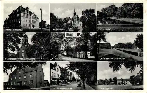 Ak Marl im Ruhrgebiet, Amtshaus, Rathaus, Chemische Werke Hüls, Postamt, Kirche, Hochstraße