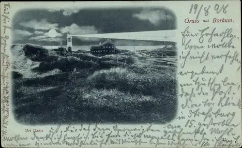 Mondschein Ak Insel Borkum Ostfriesland, Leuchtturm