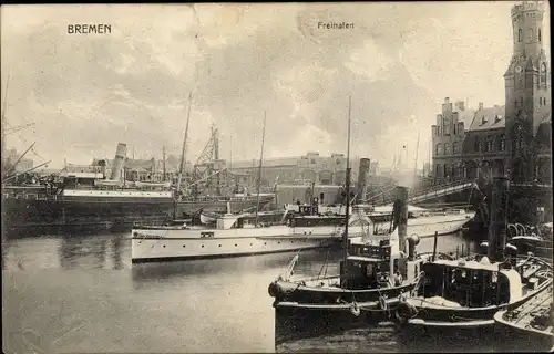 Ak Hansestadt Bremen, Der Freihafen I. mit Dampfschiff