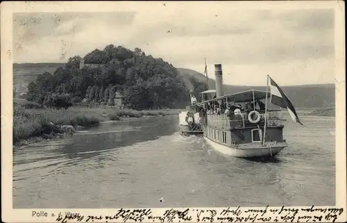 Ak Polle an der Weser in Niedersachsen, Fähre, Burgruine im Hintergrund