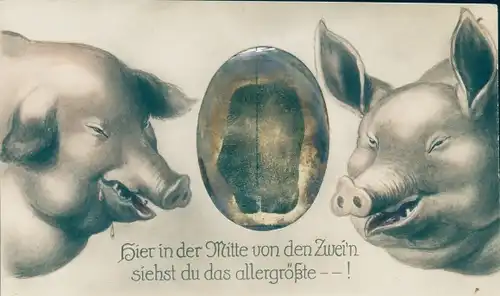 Ak Hier in der Mitte von den Zwei'n siehst du das allergrößte Schwein, Schweine, Spiegel