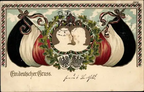 Präge Wappen Litho Ein deutscher Gruß, Deutsches Kaiserpaar