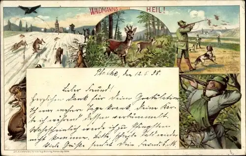 Litho Waidmanns Heil, Jagdmotive, Jäger, Rehe, Hasen