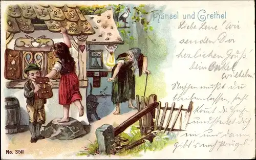 Litho Märchen, Gebrüder Grimm, Hänsel und Gretel, Lebkuchenhaus, Hexe