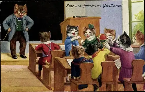 Ak Vermenschlichte Katzen in der Schule, Eine unaufmerksame Gesellschaft