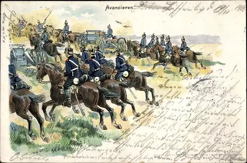 Litho Avancieren, berittene Soldaten