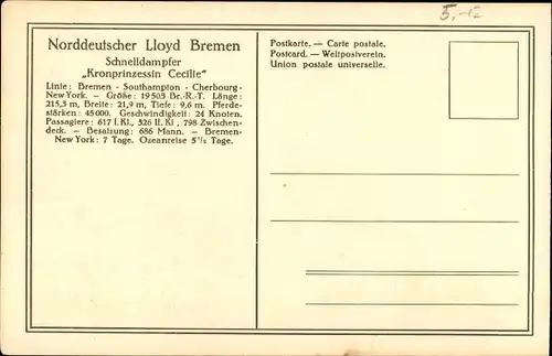 Ak Norddeutscher Lloyd Bremen, Dampfer Kronprinzessin Cecilie vor New York