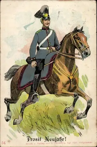Litho Fröhliches Neujahr, Kavallerie, Soldat auf einem Pferd