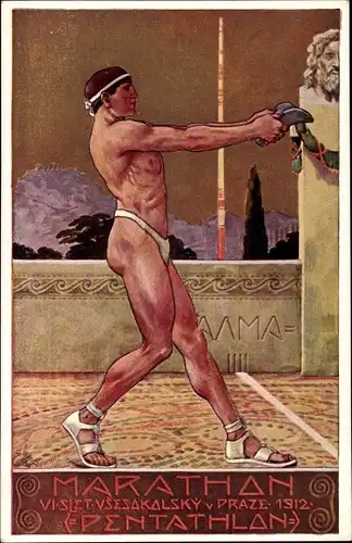 Künstler Ak Praha Prag, Marathon, VI. Slet Vzesokolsky 1912, Pentathlon, Hammerwerfer