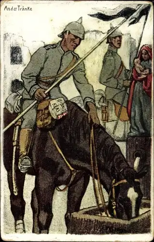 Künstler Ak Georgi, W., Reklame, Leibniz Keks, deutscher Soldat mit Pferd an der Tränke, I. WK
