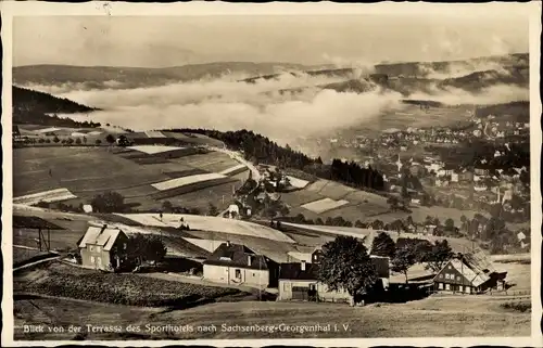 Ak Sachsenberg Georgenthal Klingenthal im Vogtland, Sporthotel Waldgut, Blick von der Terrasse