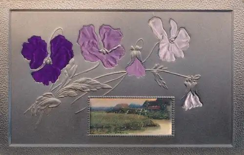 Stoff Ak Violette Blumen, Kitsch, Dorfansicht