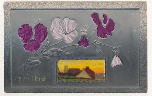 Stoff Ak Blühende Blumen, Kitsch, Dorfansicht, Wohnhaus