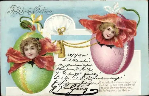 Litho Glückwunsch Ostern, Mädchen, Ostereier