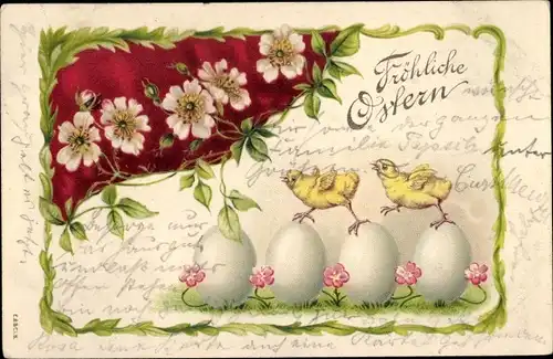 Litho Glückwunsch Ostern, Küken, Ostereier, Blumen