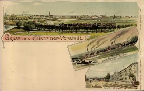 Litho Kostrzyn nad Odrą Küstrin Ostbrandenburg, Cüstriner Vorstadt, Kartoffelmehlfabrik, Bahnhofstr.