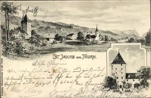 Litho Sankt Jakob am Thurn Puch bei Hallein in Salzburg, Gesamtansicht, Turm