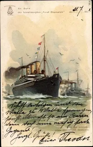 Künstler Ak Stöwer, Willy, Schnelldampfer Fürst Bismarck, HAPAG, Nordsee, Kriegsschiff-Geschwader