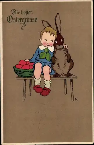 Ak Glückwunsch Ostern, Junge, Osterhase, Ostereier