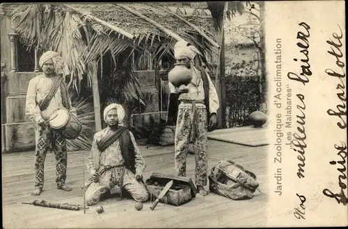 Ak Paris XVI, Jardin Zoologique d'Acclimatation, Malabaren, Indische Musiker, Völkerschau
