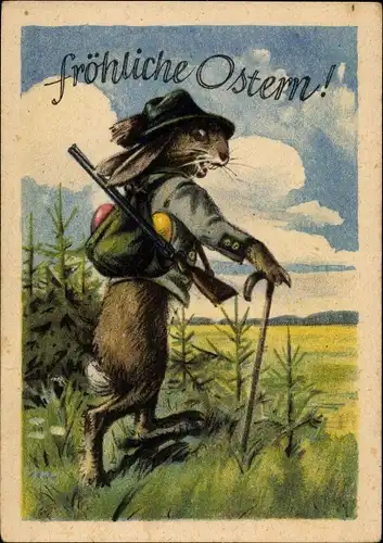 Ak Glückwunsch Ostern, Vermenschlichter Hase als Jäger, Ostereier