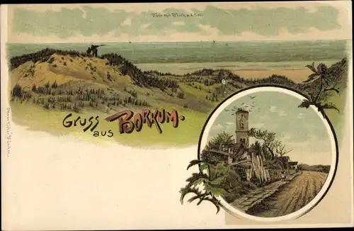 Litho Insel Borkum Ostfriesland, Düne mit Blick auf die See