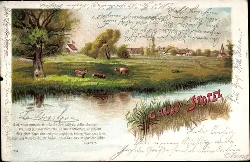 Litho Stotel Loxstedt in Niedersachsen, Landschaft, Rinder, Ortsansicht