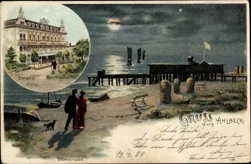 Litho Ostseebad Ahlbeck Heringsdorf auf Usedom, Nachtansicht, Damenbad, Strandhotel