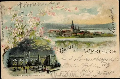 Litho Werder an der Havel, Baumblüte, Restaurant Wachtelburg, Totalansicht