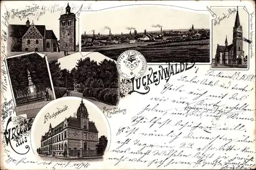 Litho Luckenwalde in Brandenburg, St. Johannis Kirche, Postgebäude, Kriegerdenkmal, Lindenberg