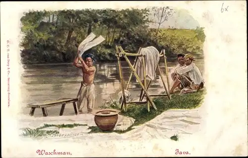 Künstler Ak Java Indonesien, Wäscher am Flussufer