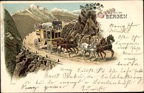 Litho Schweiz, Gruß aus den Bergen, Postkutsche im Gebirge