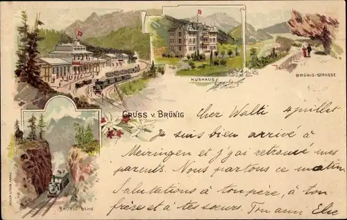 Litho Brünig Meiringen Kt. Bern Schweiz, Kurhaus, Bahnhof, Brünig-Bahn