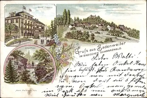 Litho Badenweiler im Schwarzwald, Hotel Sommer, Alter Mann, Totalansicht