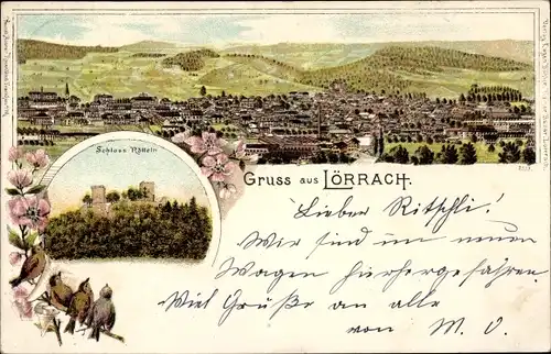 Litho Lörrach in Baden, Schloss Rötteln, Totalansicht