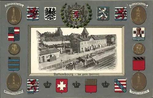 Präge Wappen Passepartout Ak Bettemburg Bettemburg Luxemburg, Gare, Perron