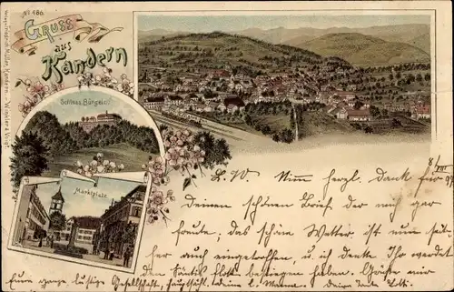Litho Kandern im Schwarzwald Baden, Schloss Bürgeln, Marktplatz, Totalansicht