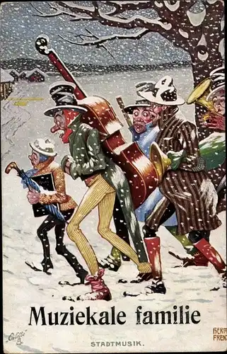 Künstler Ak Frenz, Herm., Stadtmusik, Musiker im Schneefall