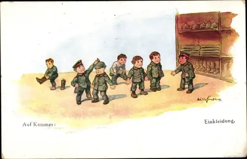 Künstler Ak Hoffmann Ad., Einkleidung, Kinder in Uniform, Auf Kammer