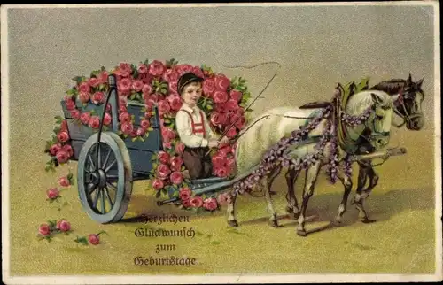 Ak Glückwunsch Geburtstag, Fuhrwerk, Rosen, Pferde