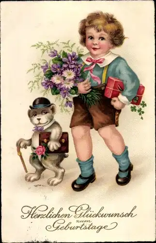 Ak Glückwunsch Geburtstag, Gratulanten, Geschenke, Blumenstrauß